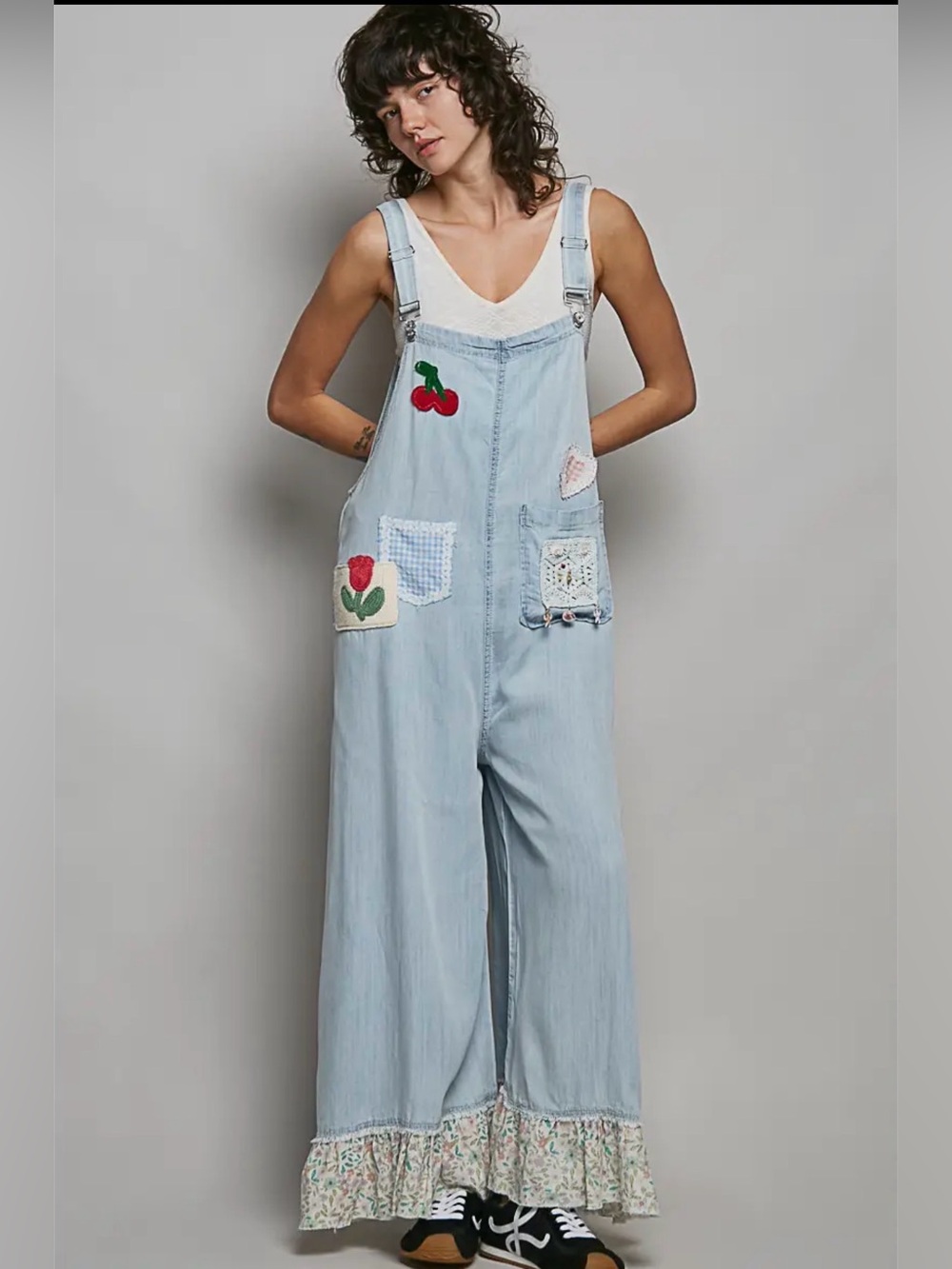 POL Light Blue Patchwork Wide-Leg Denim Overalls - Picture 5 of 13